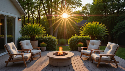 Fototapeta premium Cozy outdoor lounge set with fire pit illuminated by sunset in a tranquil garden