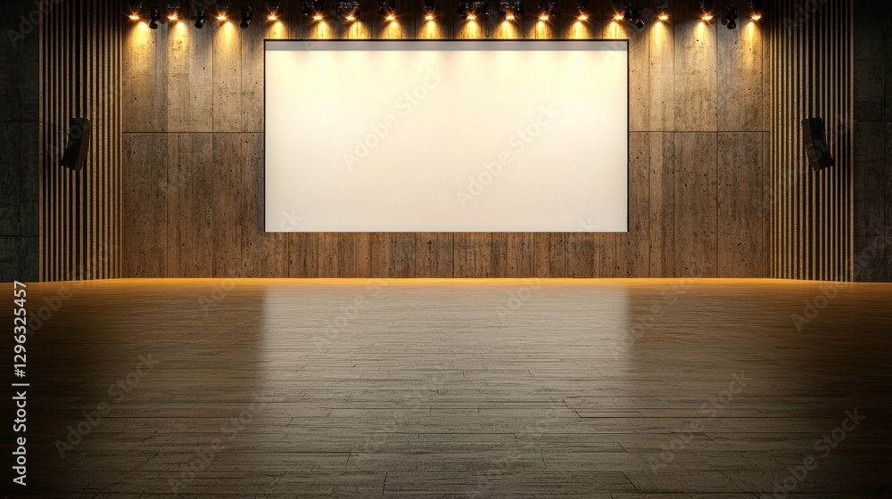 Poster spacious meeting room with empty seating and modern design featuring a large display screen