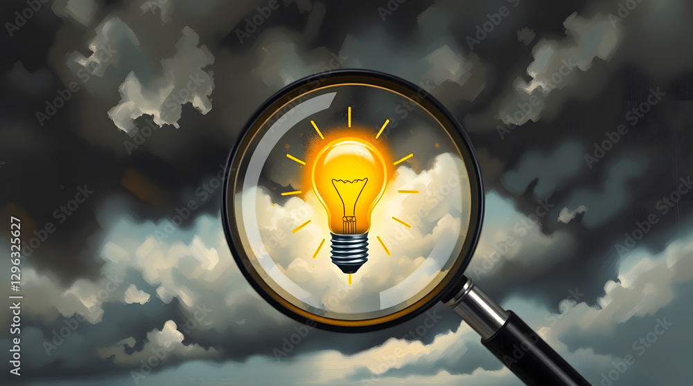Poster a bright idea under a magnifying glass with a cloudy background, symbolizing the search for innovati