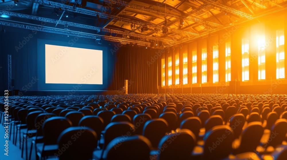 Poster modern empty corporate event space with rows of chairs and large projection screen