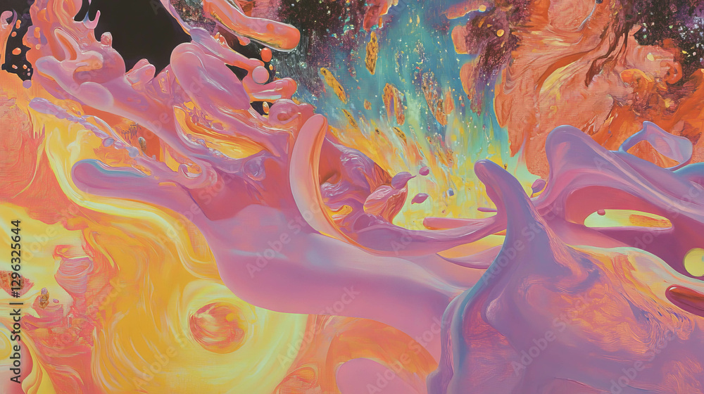 Poster Vibrant abstract painting with dynamic swirling patterns in bold colors