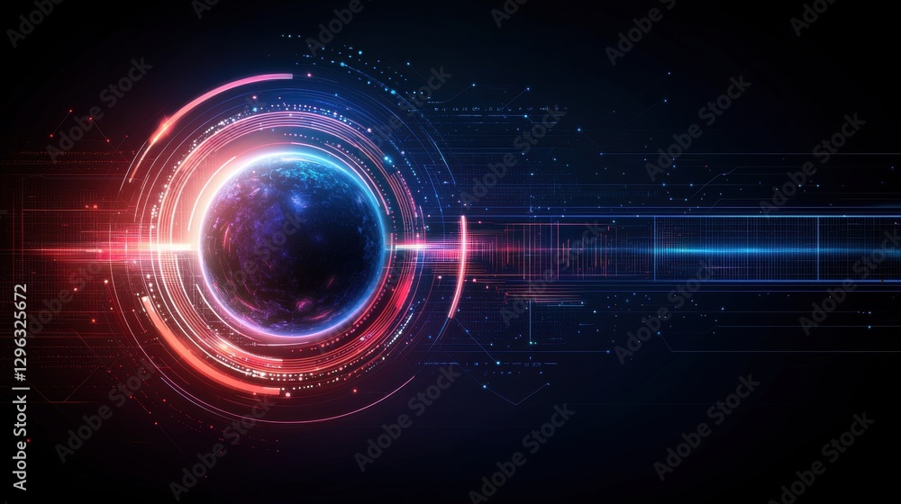 Poster abstract artwork of a fragmenting planet surrounded by futuristic digital elements