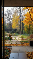 Autumn view through a window onto a stone path and garden.