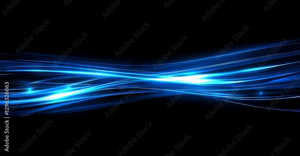 Poster glowing blue tech lines weave through cyberspace, forming a complex 3d network driven by data, symbo
