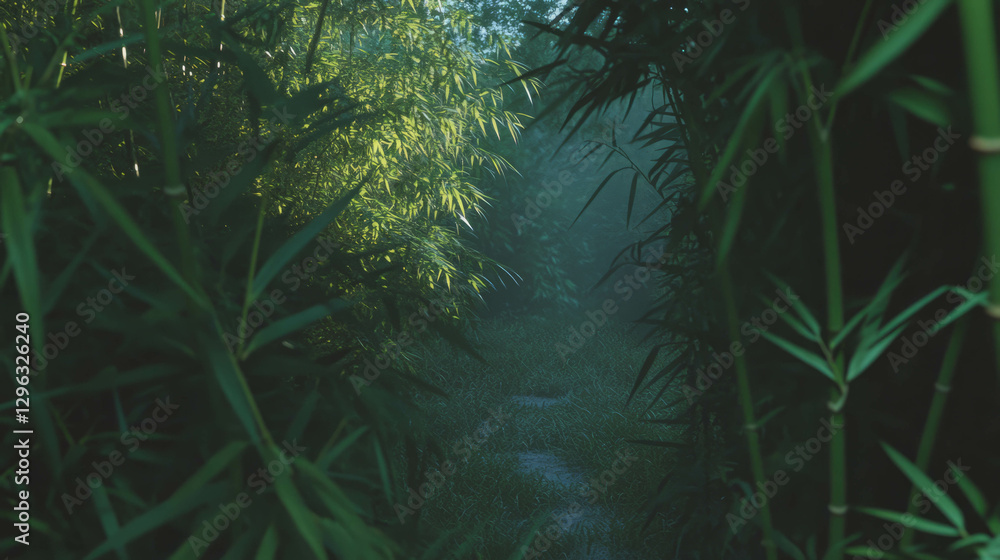 Poster tranquil bamboo forest path with gentle sunlight filtering through leaves