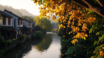 Obraz premium Autumn Canal Town - Tranquil autumn scene of a canal town, with golden leaves falling over the water and traditional houses lining the waterway