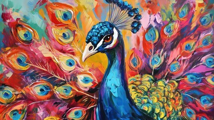 Vibrant peacock portrait in abstract style.