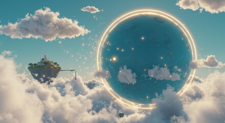 A serene floating island with a glowing blue planet surrounded by fluffy clouds and sparkling lights - "robin egg blue"
