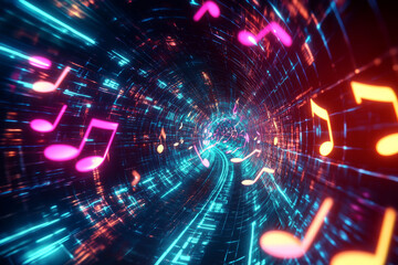 A futuristic 3D music background featuring a tunnel of glowing musical notes flowing through a cybernetic landscape. The neon pulses synchronize with the rhythm, forming an abstract, high-tech