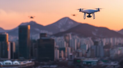 Drone in Flight Over Urban Landscape During Sunset with Mountains