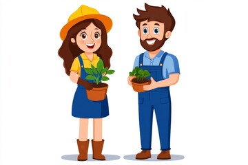 a 2D cartoon illustration of a couple gardening together, planting vegetables, white background