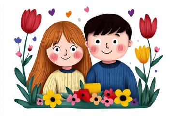 a 2D cartoon illustration of a couple having a picnic in the garden, romantic and relaxed, white background