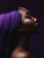 Fototapeta premium stylized portrait of a person with vibrant purple hair against a matching purple background.