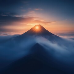 a volcano surrounded by mist as the sun begins to rise, casting a soft glow over the landscape and creating a peaceful