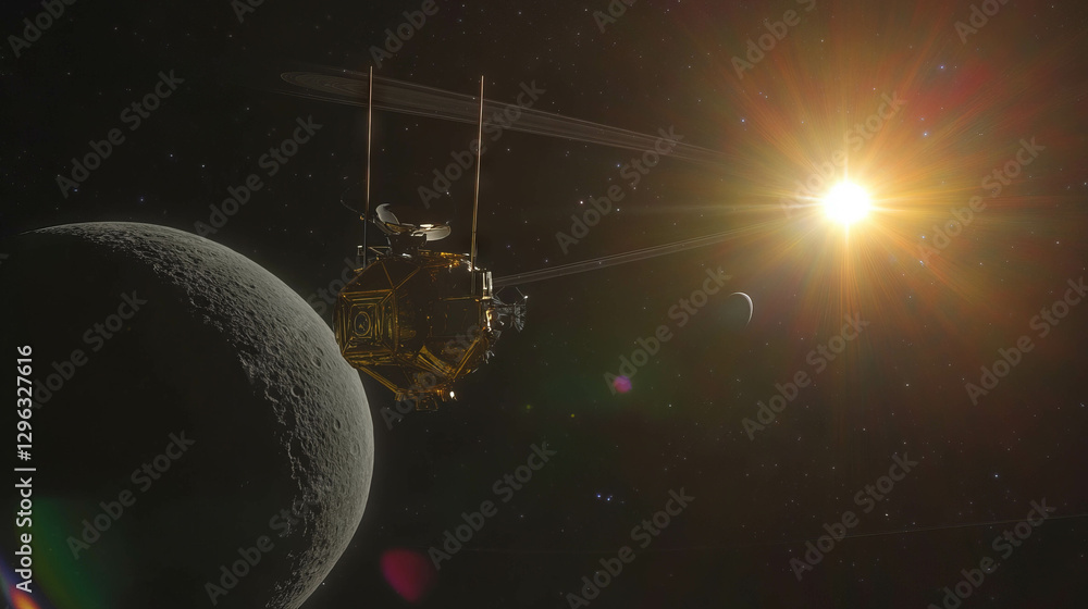 Aufkleber futuristic spacecraft orbiting distant planet with sunlight and rings in outer space adventure