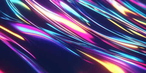A futuristic abstract background featuring holographic light refractions, with shimmering, multi-layered neon colors seamlessly blending into a cybernetic glow. The fluid, high-tech reflections create