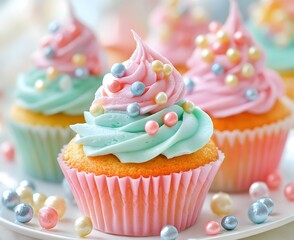 Close-up of deliciously decorated cupcakes with cream cheese frosting and delicate sugar pearls, placed on an elegant white plate, creating a visually appealing composition, Generative AI