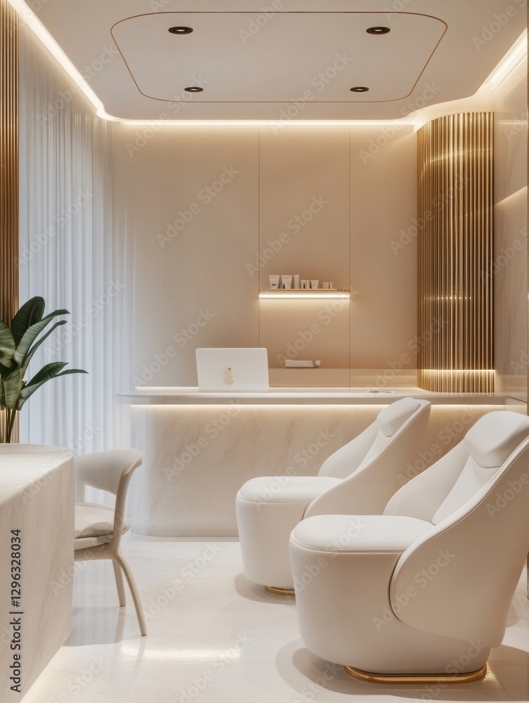 Poster elegant modern interior design of a tranquil wellness space with stylish seating and soft lighting. 