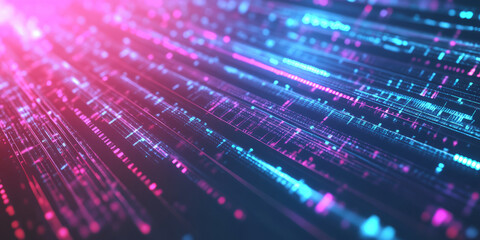 A futuristic abstract background featuring a glowing holographic matrix with shifting neon light patterns. The interplay of radiant transparency and smooth transitions creates an elegant cybernetic