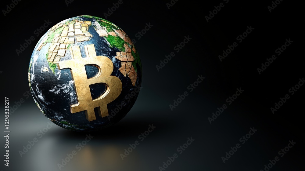 Poster globe with bitcoin symbol on it representing cryptocurrency and global finance concepts