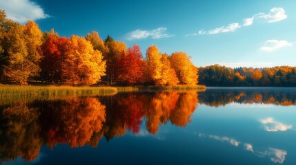 Fototapeta premium Autumn Reflections on Calm Lake - Vibrant autumn foliage reflected in a tranquil lake under a clear blue sky. Peaceful fall scenery