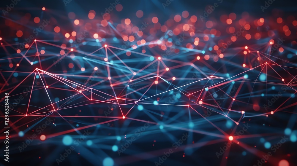 Poster a digital rendering of a network of glowing blue and red lines and dots.