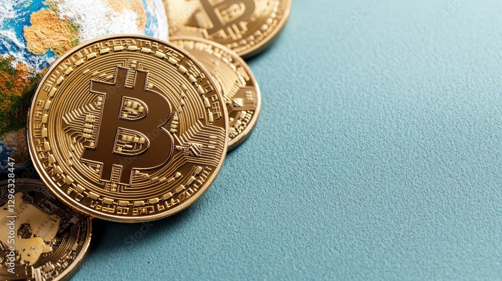 Aufkleber stack of bitcoin coins on a surface with a blurred background and natural lighting
