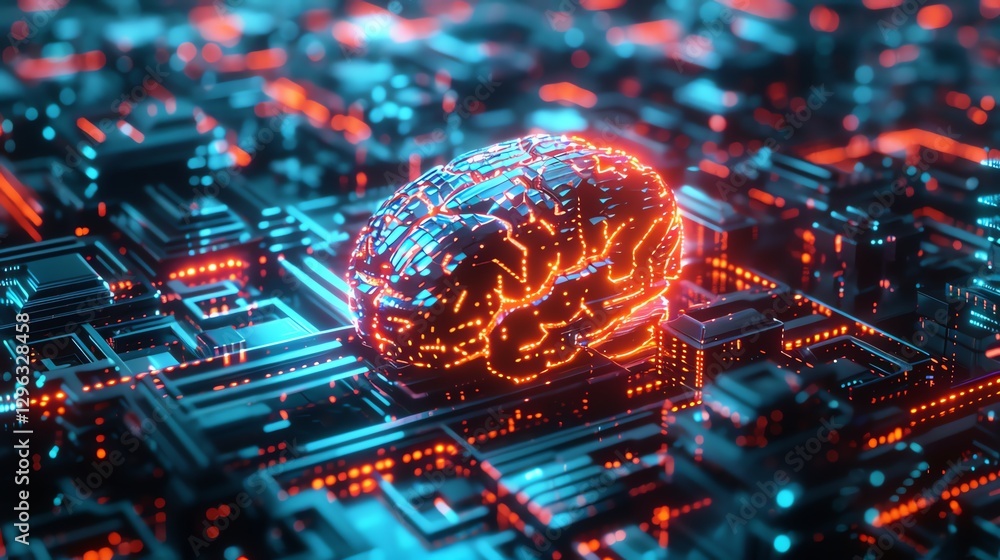 Poster a 3d rendering of a brain on a futuristic circuit board.