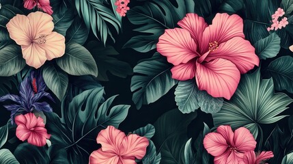 Obraz premium A beautiful and vibrant floral design featuring trendy botanical elements, retro hand-drawn leaves, and blooming flowers