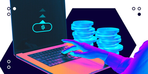 Modern art composition. Hand interacting with financial transaction screen on laptop with coin stacks, representing digital wealth accumulation. Concept of business, online banking, economy.