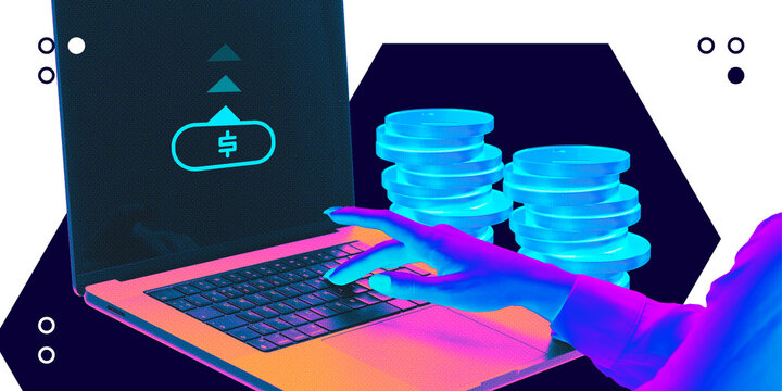 Modern art composition. Hand interacting with financial transaction screen on laptop with coin stacks, representing digital wealth accumulation. Concept of business, online banking, economy.