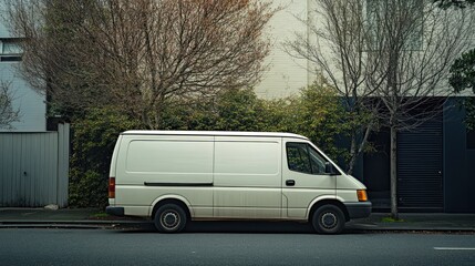 White delivery van parked on city street. (1)