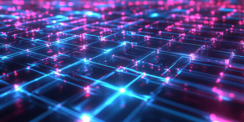 Obraz premium A hypnotic 3D abstract background with pulsating holographic grids forming a vast interconnected neon network. The seamless reflections and digital movement enhance the immersive futuristic appeal.
