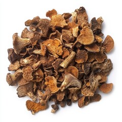 Fototapeta premium Dried Mushroom Pieces on White Background for Culinary Uses