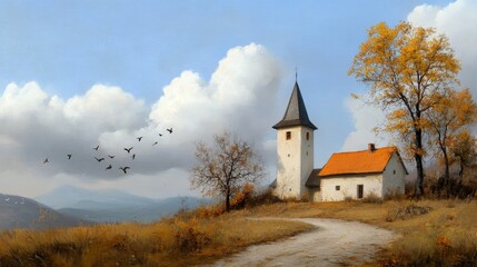 Fototapeta premium Autumnal Church on Hilltop - Serene landscape painting of a small church nestled on a hill, surrounded by autumnal trees and flying birds. Peaceful countryside scene