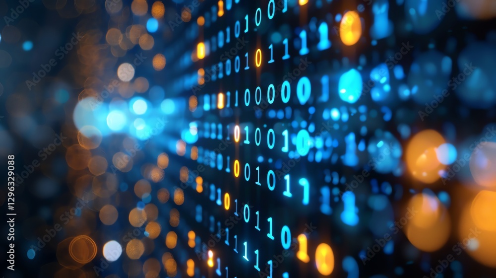 Wall mural a digital background of binary code with blue and orange glowing lights.