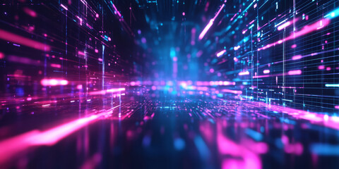 Fototapeta premium A futuristic abstract background showcasing glitching digital lines and holographic pixelation, forming an immersive high-tech cybernetic display. The neon reflections enhance the sci-fi atmosphere.
