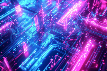 Obraz premium A futuristic 3D abstract background featuring a vast network of glowing digital circuits and fluid metallic surfaces that seamlessly blend into one another. The design is filled with radiant neon blue