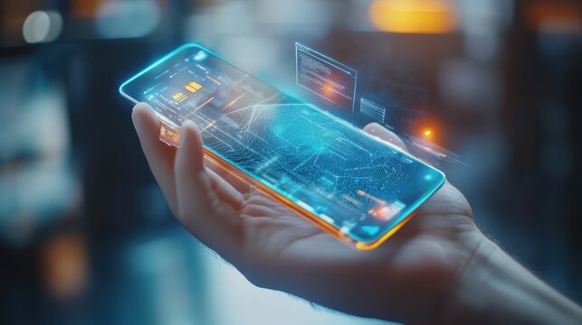 A sleek, holographic interface materialized on a user is palm, displaying a seamless flow of digital payments from a smartphone to a distant server via a vast network of generative AI,