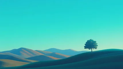 Fototapete Peaceful minimalist landscape with rolling hills and lone tree © annetdebar