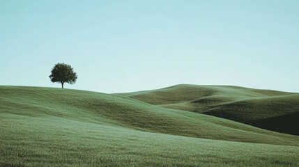Serene minimalist landscape with rolling hills and lone tree