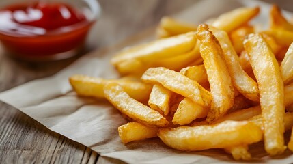 A pile of golden French fries on paper, with ketchup in the background, Generative AI
