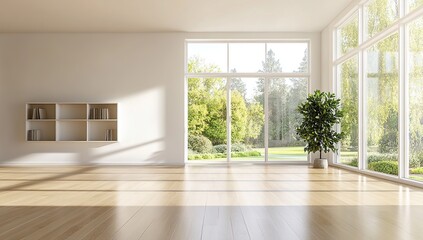 Bright Minimalist Room Interior With Large Windows and Sunlight