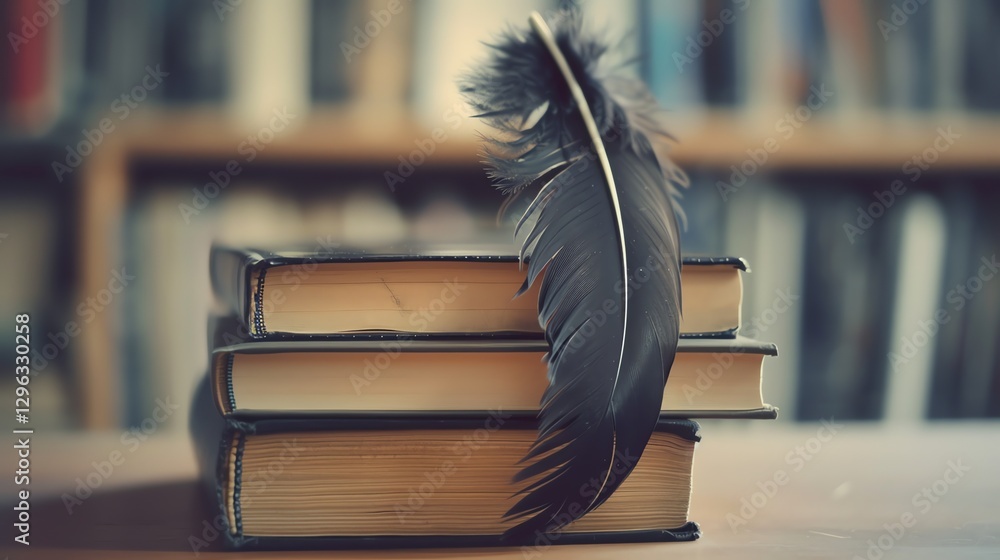 Poster a black feather rests atop a stack of three closed books, with a bookshelf in the blurred background