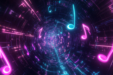 Fototapeta premium A breathtaking 3D background featuring a tunnel of glowing neon treble clefs and bass notes. The perspective draws the viewer into a rhythmic vortex, where pulsating sound waves and floating digital