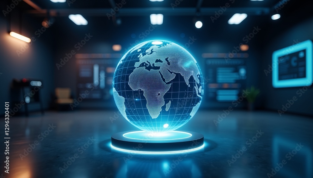 Poster futuristic holographic globe showcasing animated data patterns, technology