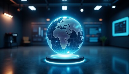 Futuristic holographic globe showcasing animated data patterns, technology