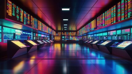 A futuristic trading floor filled with digital displays of crude oil prices and