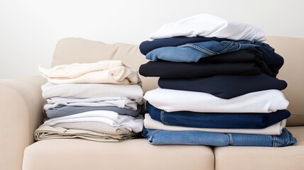 Soft beige sofa adorned with casual clothes creates a warm, inviting atmosphere in a sunlit, simple room