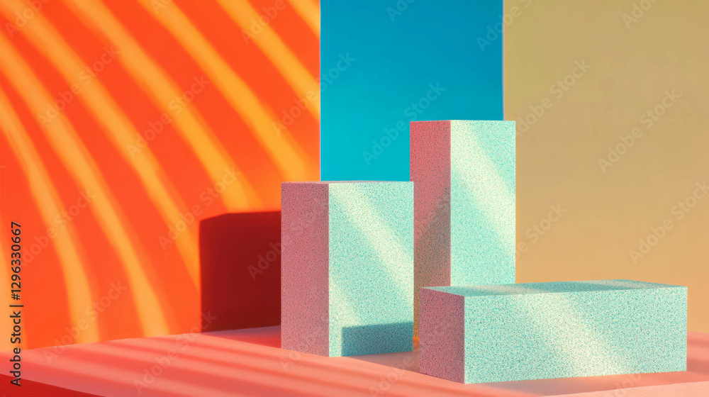 Poster vibrant geometric podium display with colorful light patterns